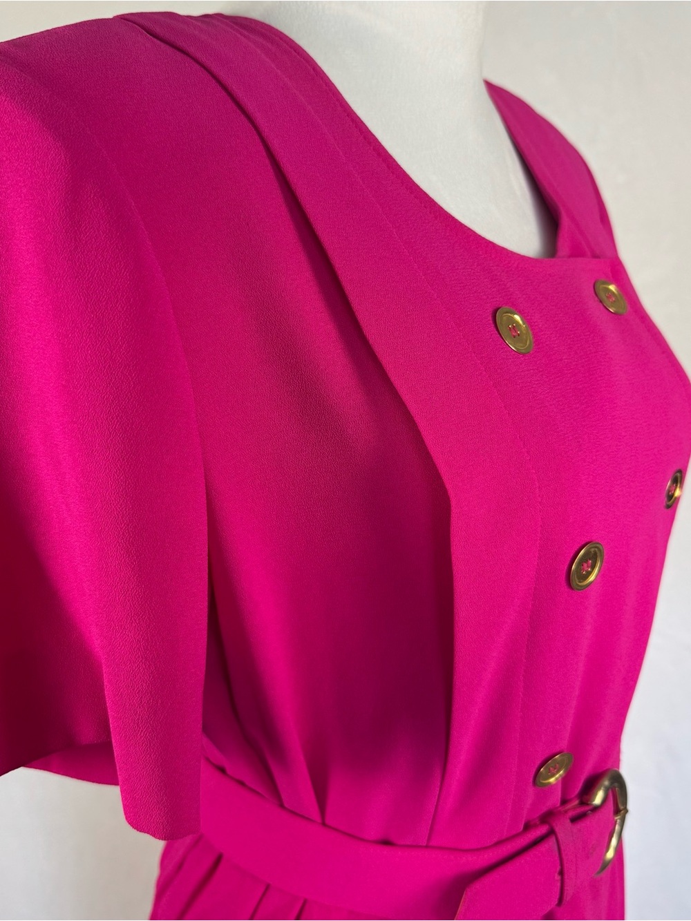 Vintage 90s Pink Pleated Dress Shoulder Pads Gold Buttons Belted Midi - Picture 3 of 11
